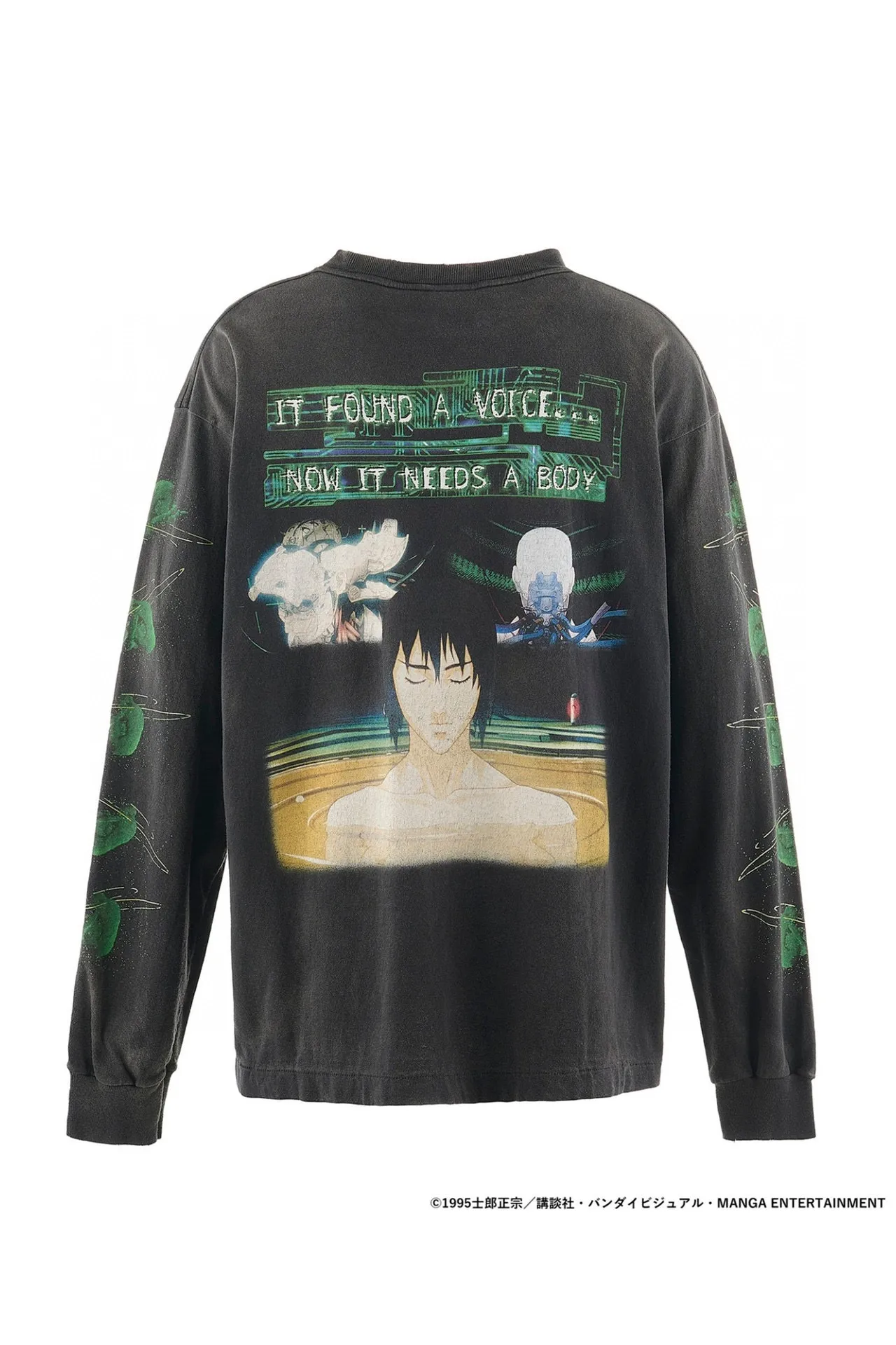 SAINT Mxxxxxx × GHOST IN THE SHELL Ghost in the Shell GS_LS TEE/GITS/BLK Big IP Ghost in the Shell co-branded model Motoko Kusanagi takes a bath Retro distressed long sleeves Washed black S-XL Ready-to-wear Assute dyeing Full-body spray fade/replacement fade Correct accessories Joint LOGO wash mark/main mark/cherub mark Super complex printing replica The drawing/pattern making cycle is very long and the hand graffiti is dirty.